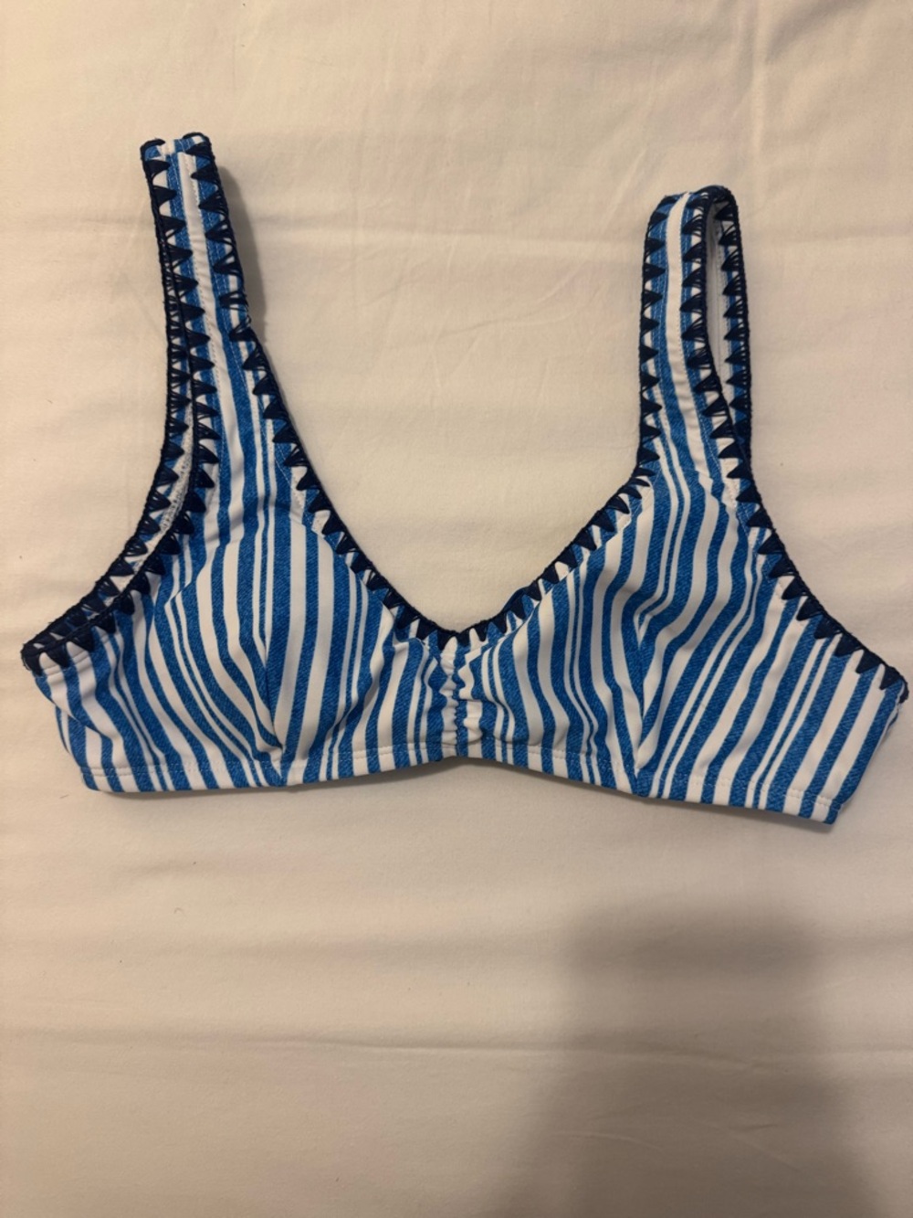 No Boundaries Blue and White Striped Bikini Top with Navy Trim